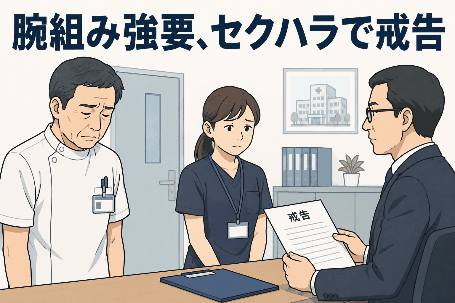 和歌山県立医科大学付属病院の50代男性医療技師が20代女性部下への腕組みや手を握らせる行為で戒告処分を受けたことを伝えるイラスト