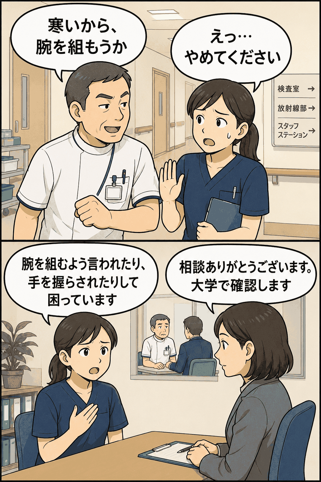 和歌山県立医科大学付属病院の50代男性医療技師が、20代女性部下に腕組みや手を握らせるセクハラ行為を行い戒告処分となった経緯を描いた漫画