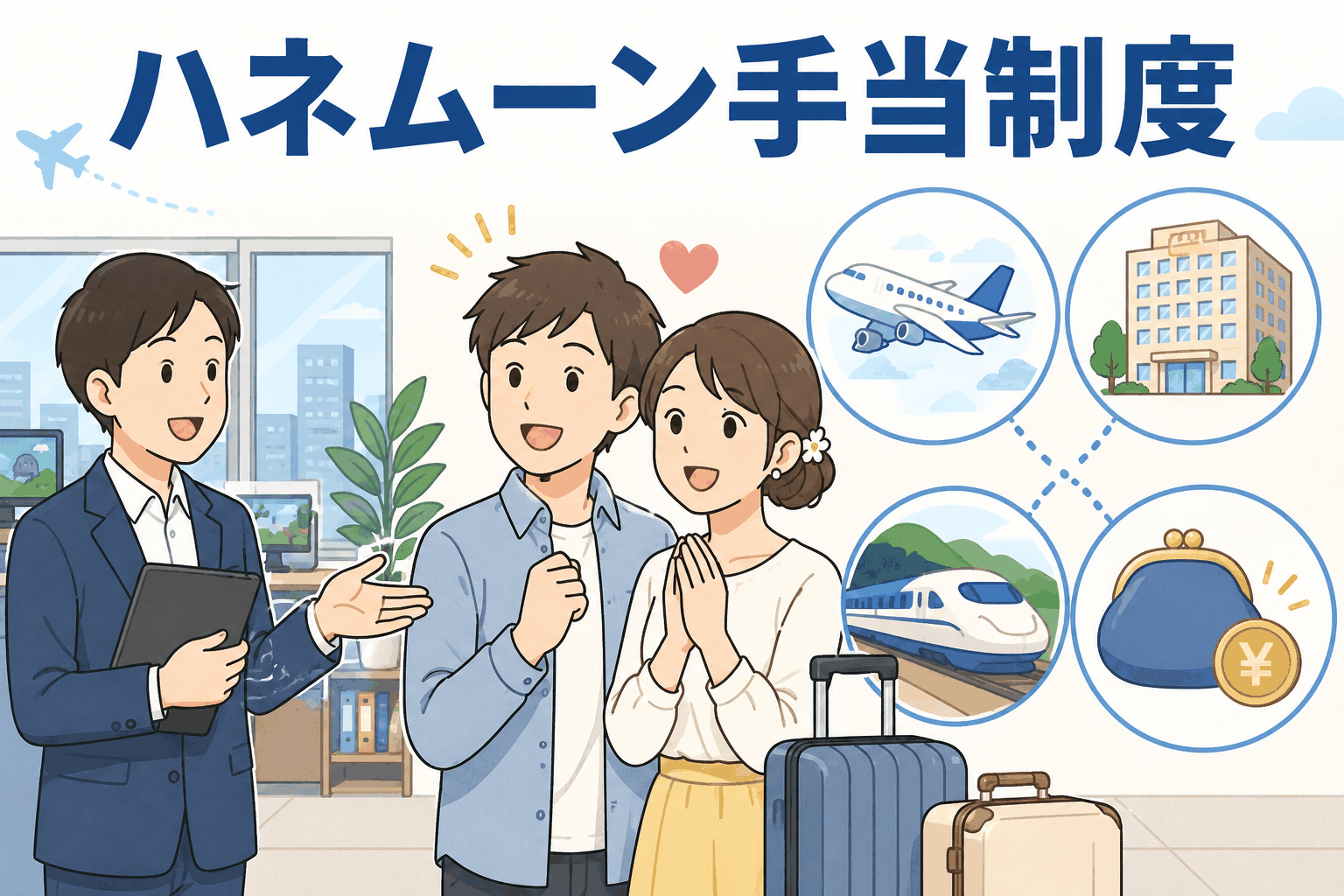 ハネムーン手当制度について、社員の新婚旅行にかかる航空券・新幹線代・宿泊費を会社が支援する福利厚生を説明するイラスト
