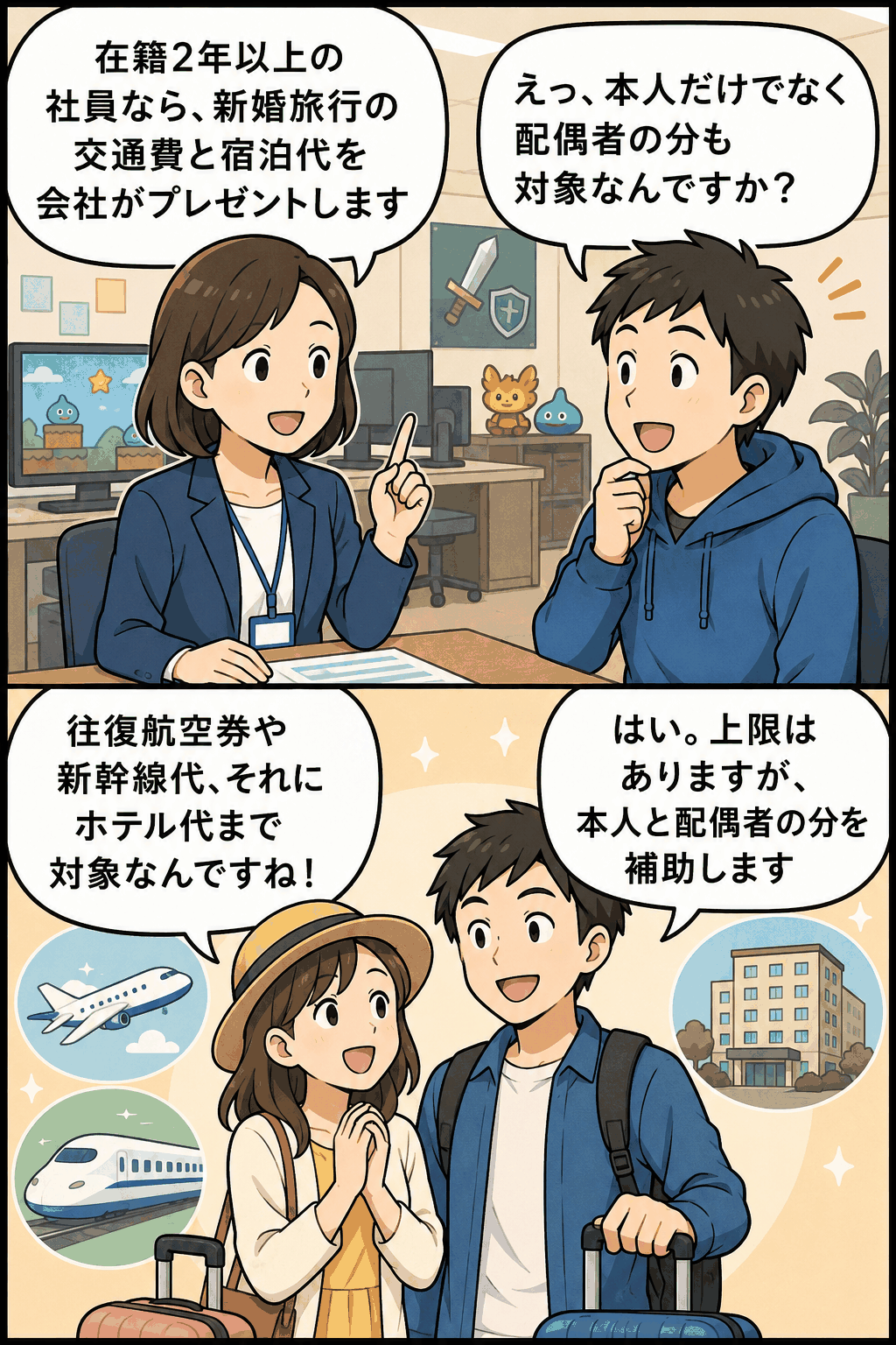ハネムーン手当制度について、在籍2年以上の社員と配偶者の新婚旅行にかかる往復航空券・新幹線代・宿泊代を会社が補助する内容を説明する漫画イラスト