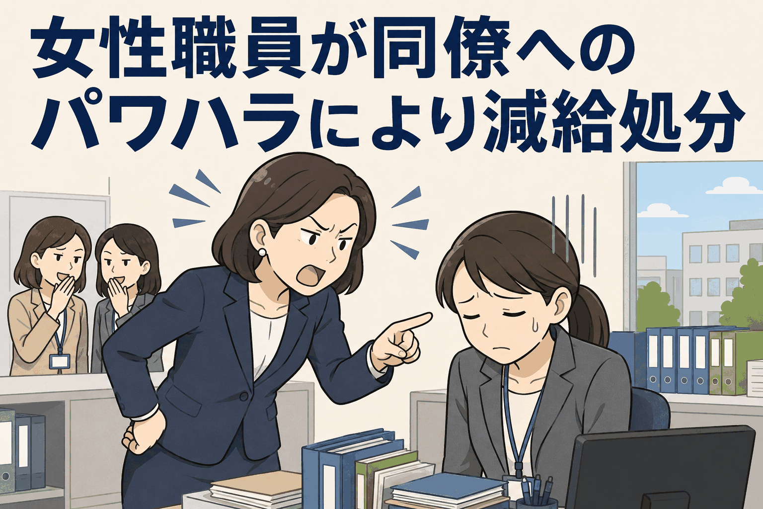 神奈川県大和市の女性主査が同僚職員へのパワハラで減給処分を受けたことを表す、職場で叱責される女性職員のイラスト