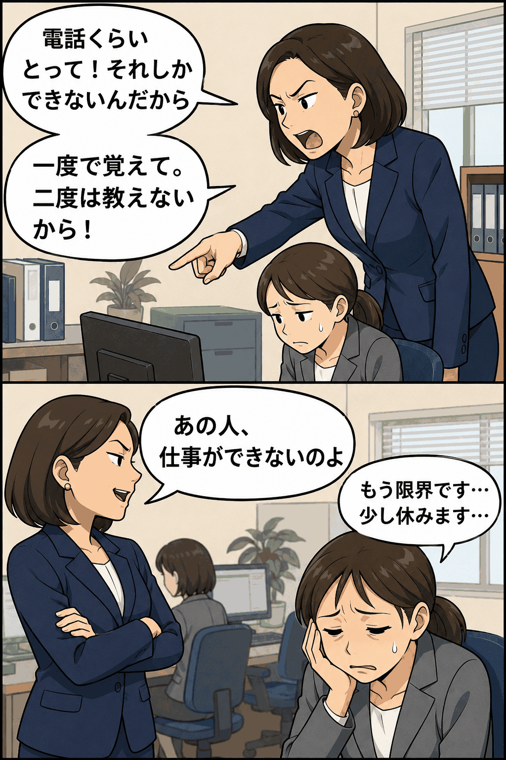 神奈川県大和市の女性主査が同僚職員に強い口調で叱責し、陰口や仕事ができないという評価でパワハラを行った事案を描いた漫画