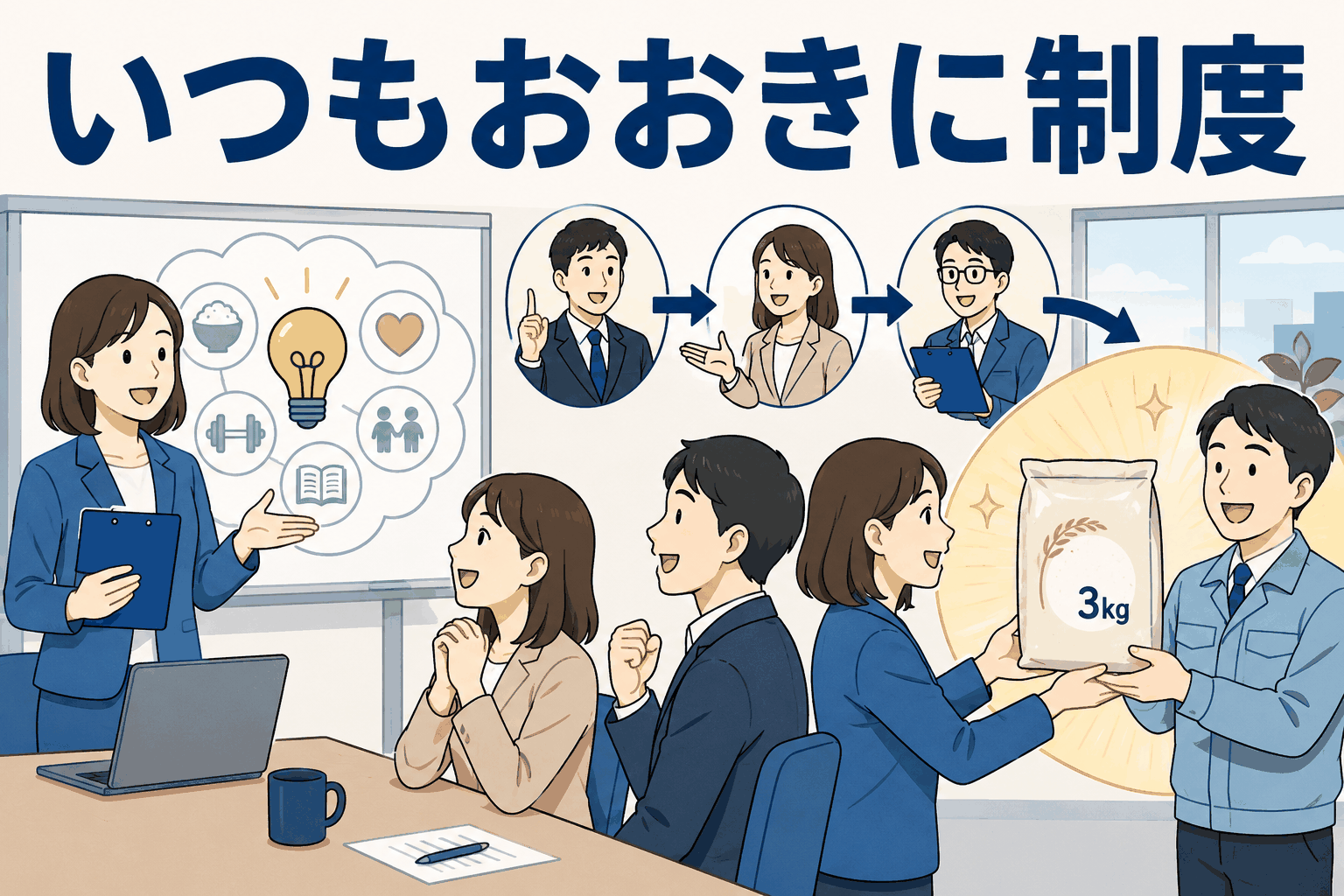 いつもおおきに制度の説明会で、社員主導の福利厚生としてお米3kgを受け取る社員たちのイラスト