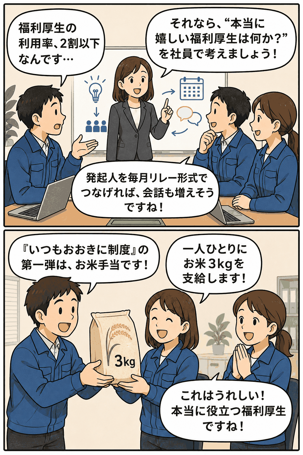 福利厚生の利用率が2割以下という課題を受け、社員が本当に嬉しい福利厚生を話し合い、お米3kgを支給する様子を描いた漫画イラスト