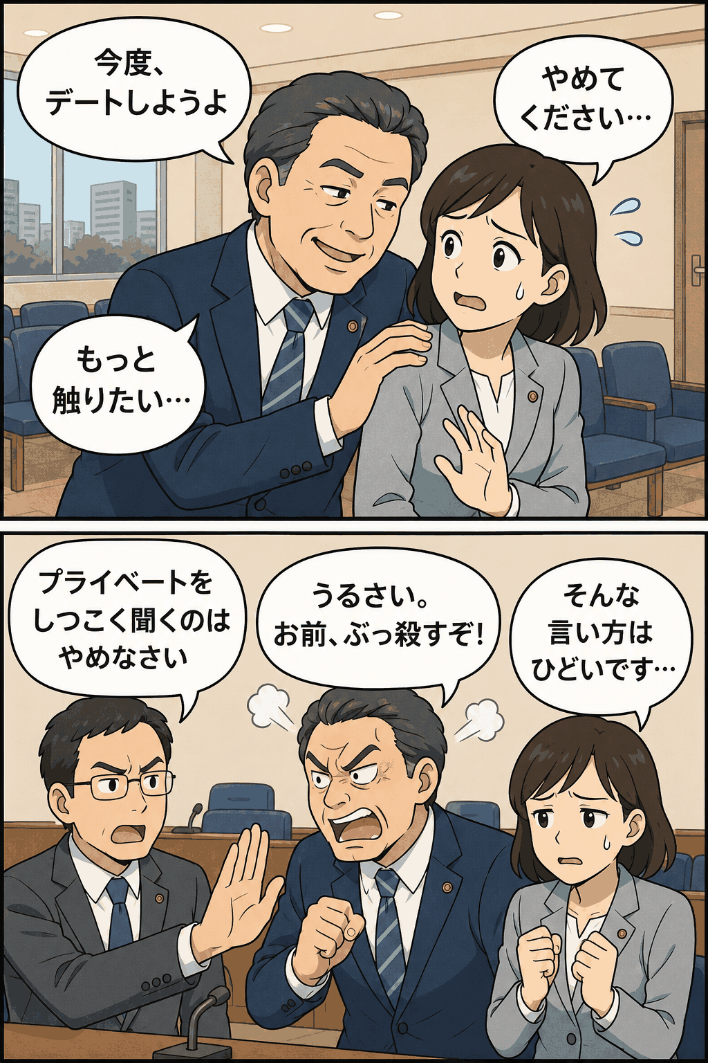 福岡県筑紫野市議会で男性市議による女性市議へのセクハラ・パワハラ行為が認定された問題を描いたイラスト