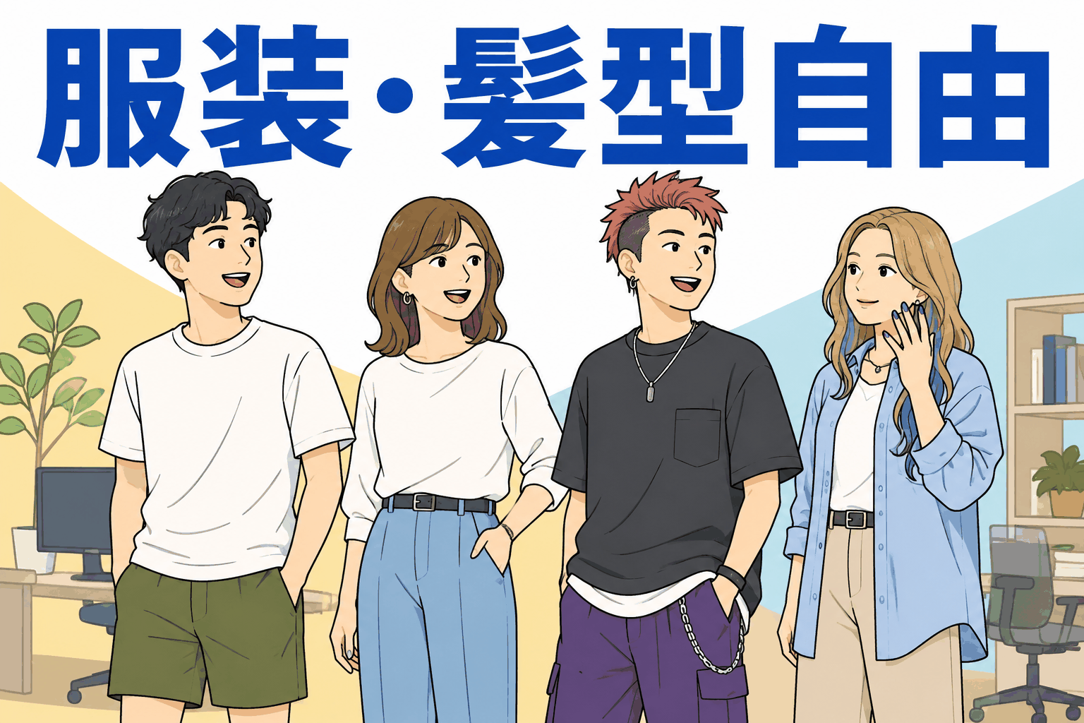 服装・髪型自由の広告代理店で働く社員のイラスト