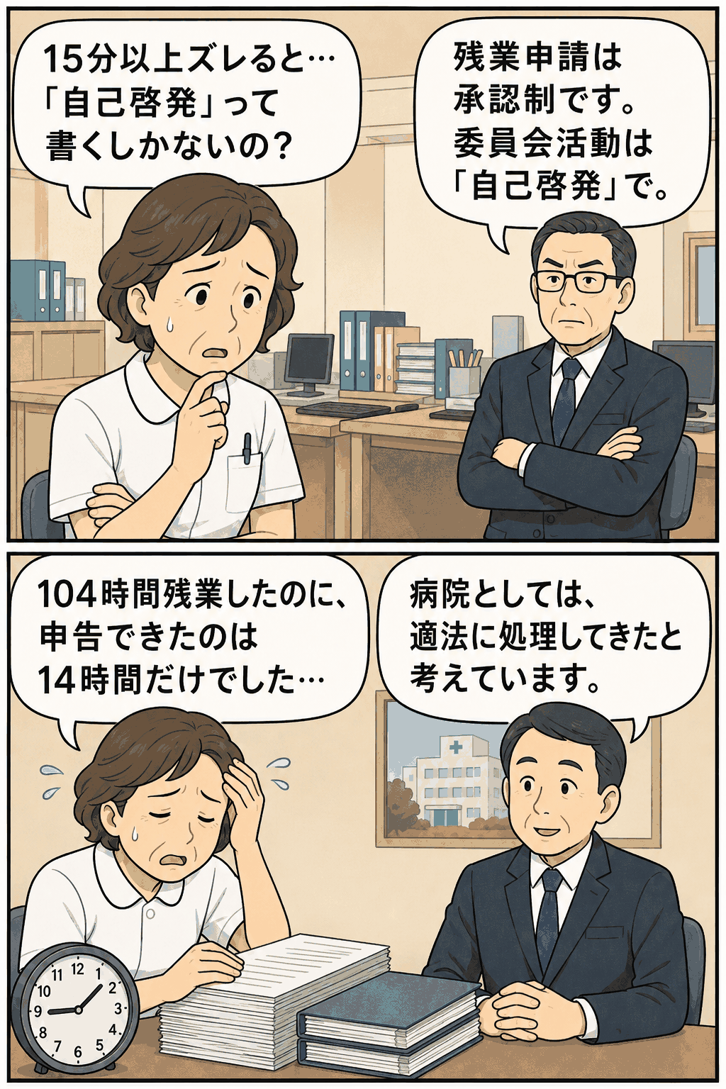 長崎市の病院で看護師長が15分以上の勤務時間のズレを自己啓発扱いされ、104時間の残業のうち14時間しか申告できなかった問題を描いた漫画
