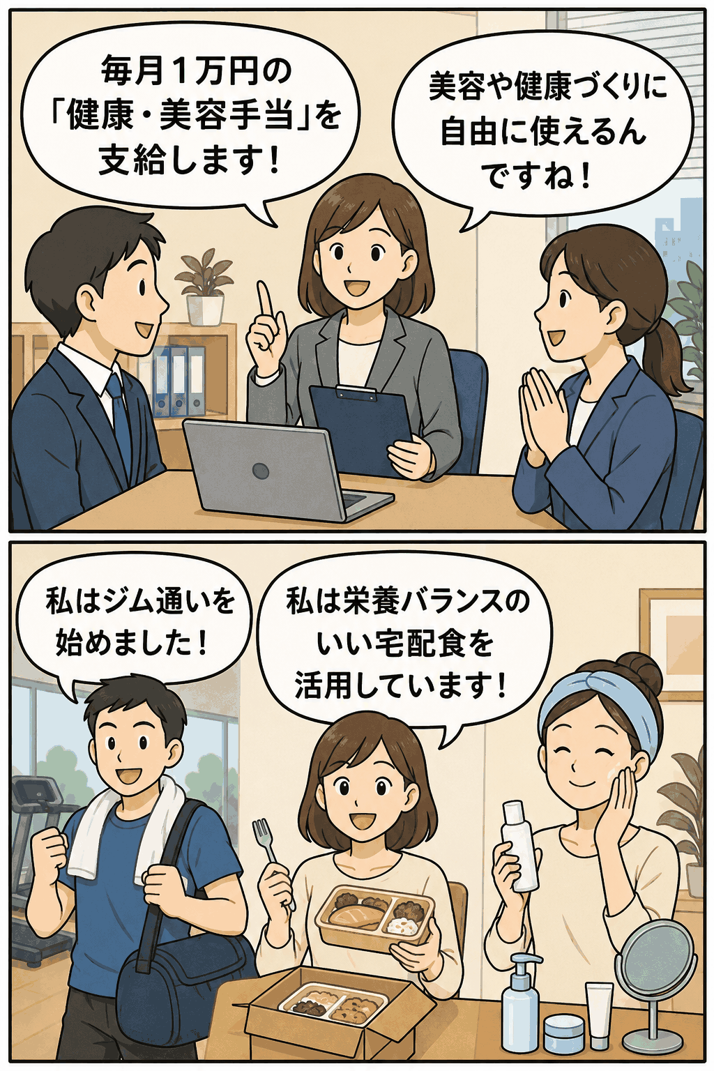 毎月1万円の健康・美容手当を社員に説明し、ジム通いや宅配食、美容ケアに活用する様子を描いた漫画イラスト