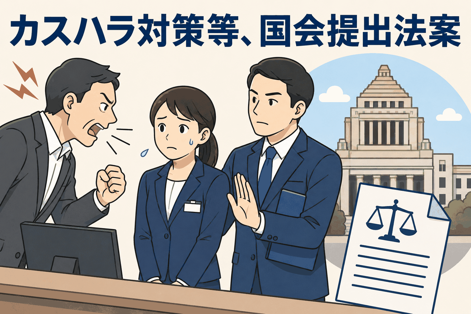 カスハラ対策等のハラスメント対策法案が国会に提出され、顧客からの迷惑行為に悩む従業員を守るための措置を示すイラスト