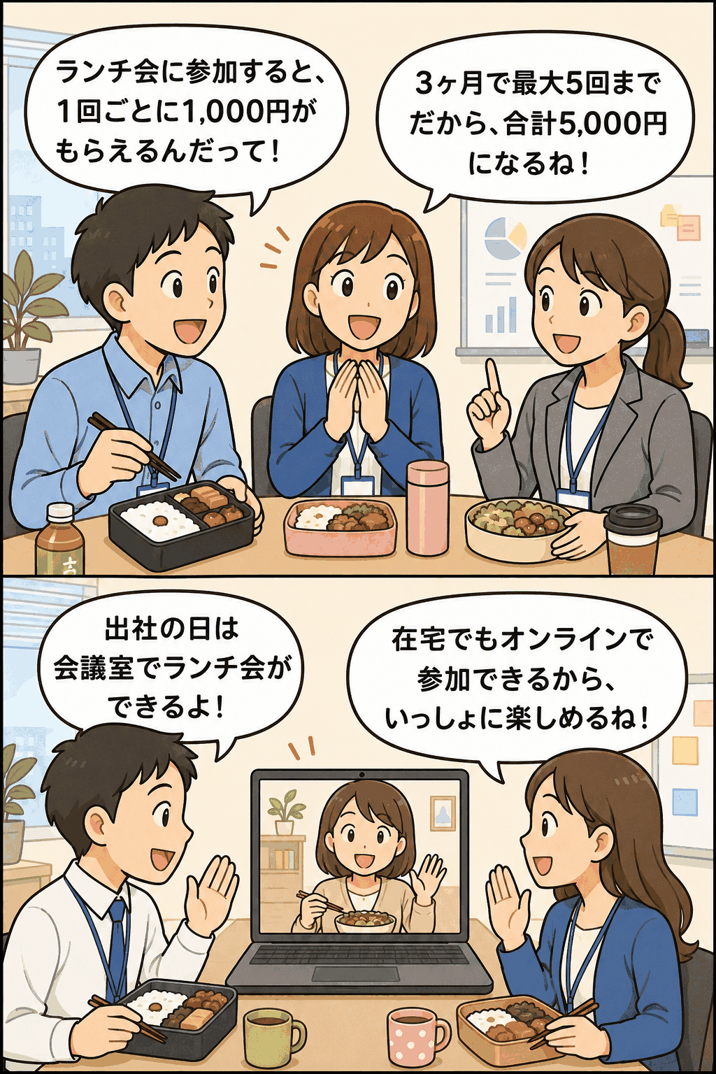 ランチ会サポート制度について、1回1,000円・3ヶ月で最大5,000円の支給や在宅勤務者のオンライン参加を説明する社員ランチ会の漫画イラスト