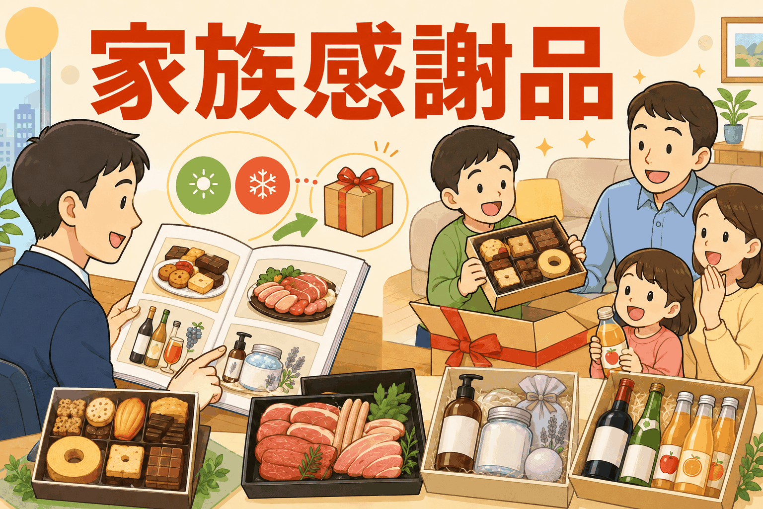 家族感謝品制度で会社から家族へ贈られる高級スイーツ、グルメ、アロマ、ジュースの感謝品を選ぶ様子
