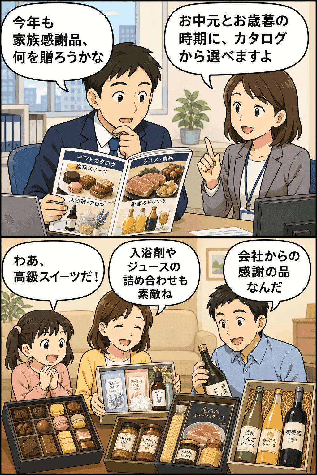 家族感謝品制度で社員がカタログから高級スイーツやグルメ、入浴剤、ジュース、お酒を選び、会社から家族へ感謝の品を贈る漫画