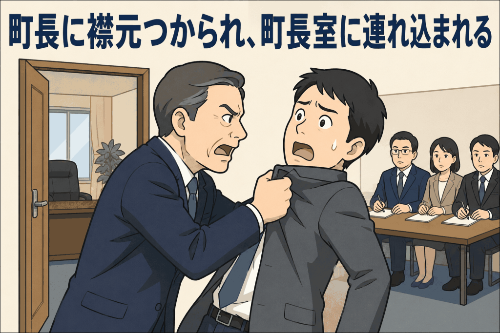 町長に襟元つかられ、町長室に連れ込まれる