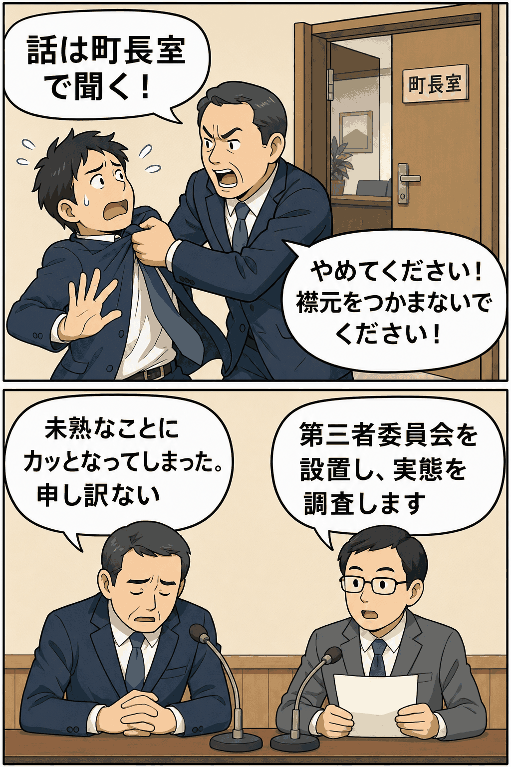 山形県の町で元職員が町長に襟元をつかまれ町長室に連れ込まれたと訴え、町長が謝罪し第三者委員会による調査方針が示された問題の漫画イメージ