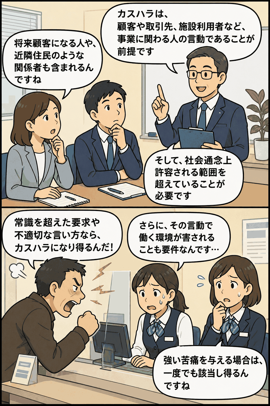 カスハラの定義の3要件を解説する人事労務記事のアイキャッチ画像。顧客の常識を超えた要求や不適切な言動により、従業員の就業環境が害される場面を漫画形式で表現。