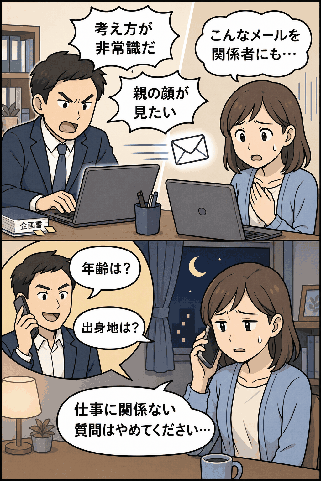 出版社社員がフリー編集者に侮辱的なメールを関係者へ送信し、深夜に年齢や出身地を尋ねる不要な電話をかけたパワハラ事案の漫画イメージ