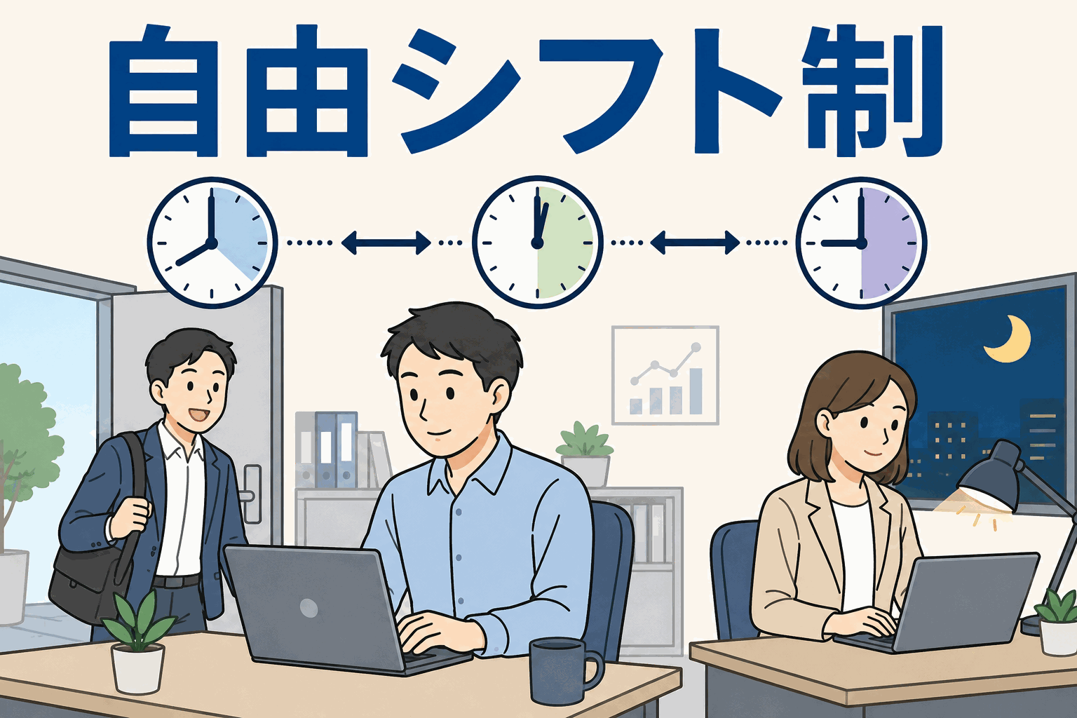 自由シフト制で始業・終業時間を柔軟に調整しながら働く従業員のイラスト