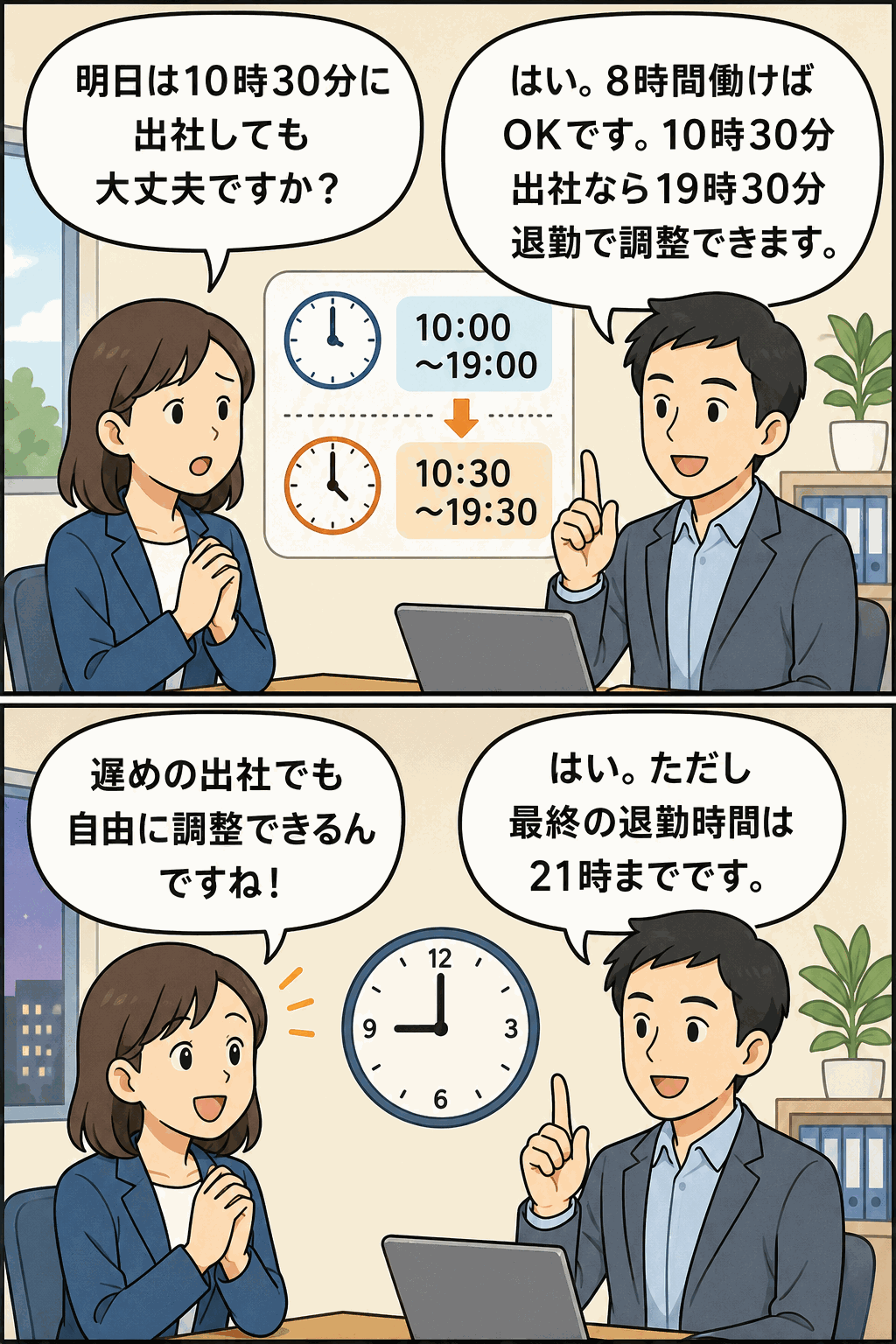 自由シフト制により、標準労働時間8時間を満たせば出社時間を遅らせても退勤時間で調整できる働き方を説明するイラスト