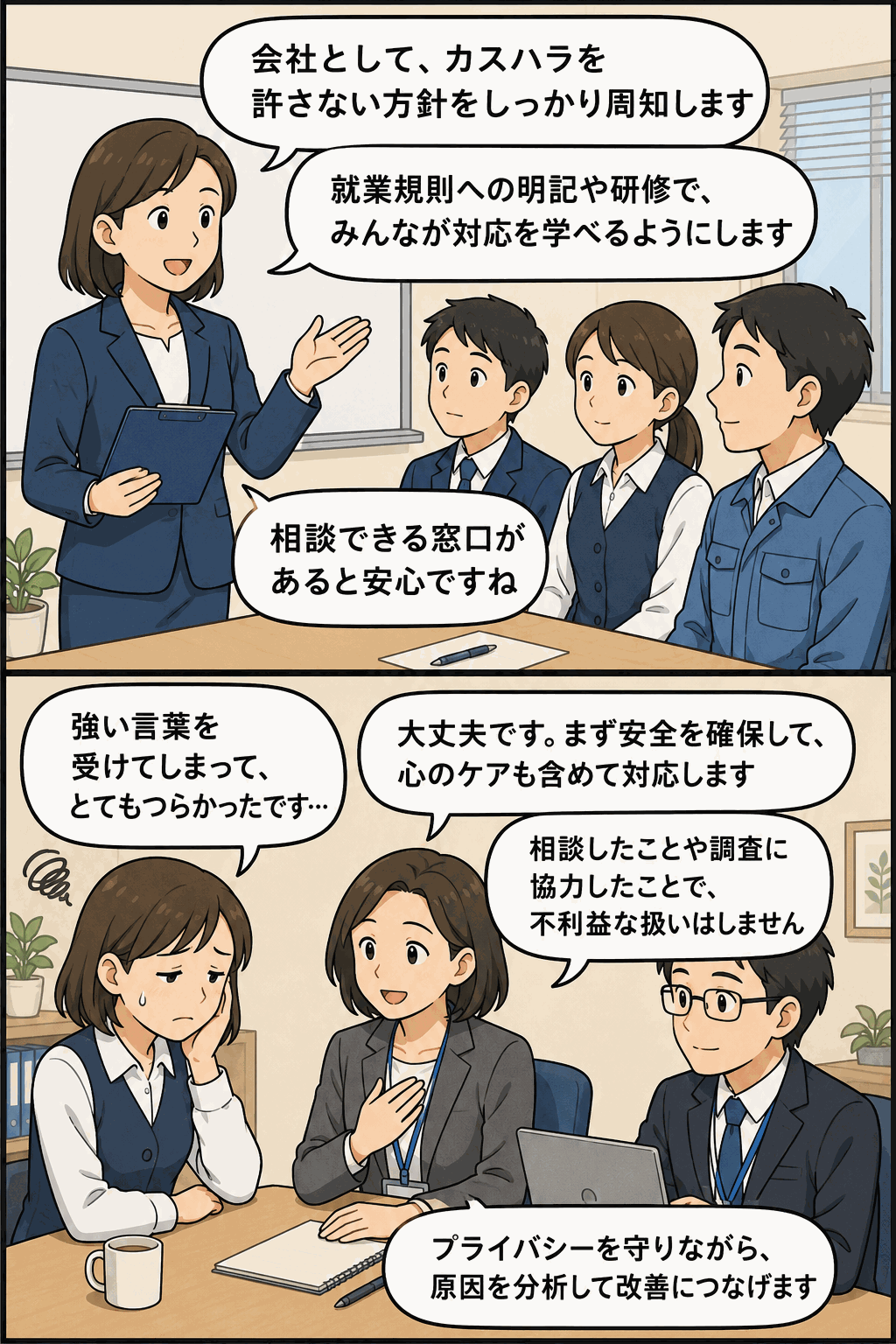 カスハラ防止に向けた雇用管理上の措置義務を説明する漫画。会社の方針周知、就業規則への明記、研修、相談窓口、従業員の安全確保、プライバシー保護、不利益取扱いの禁止を描いている。