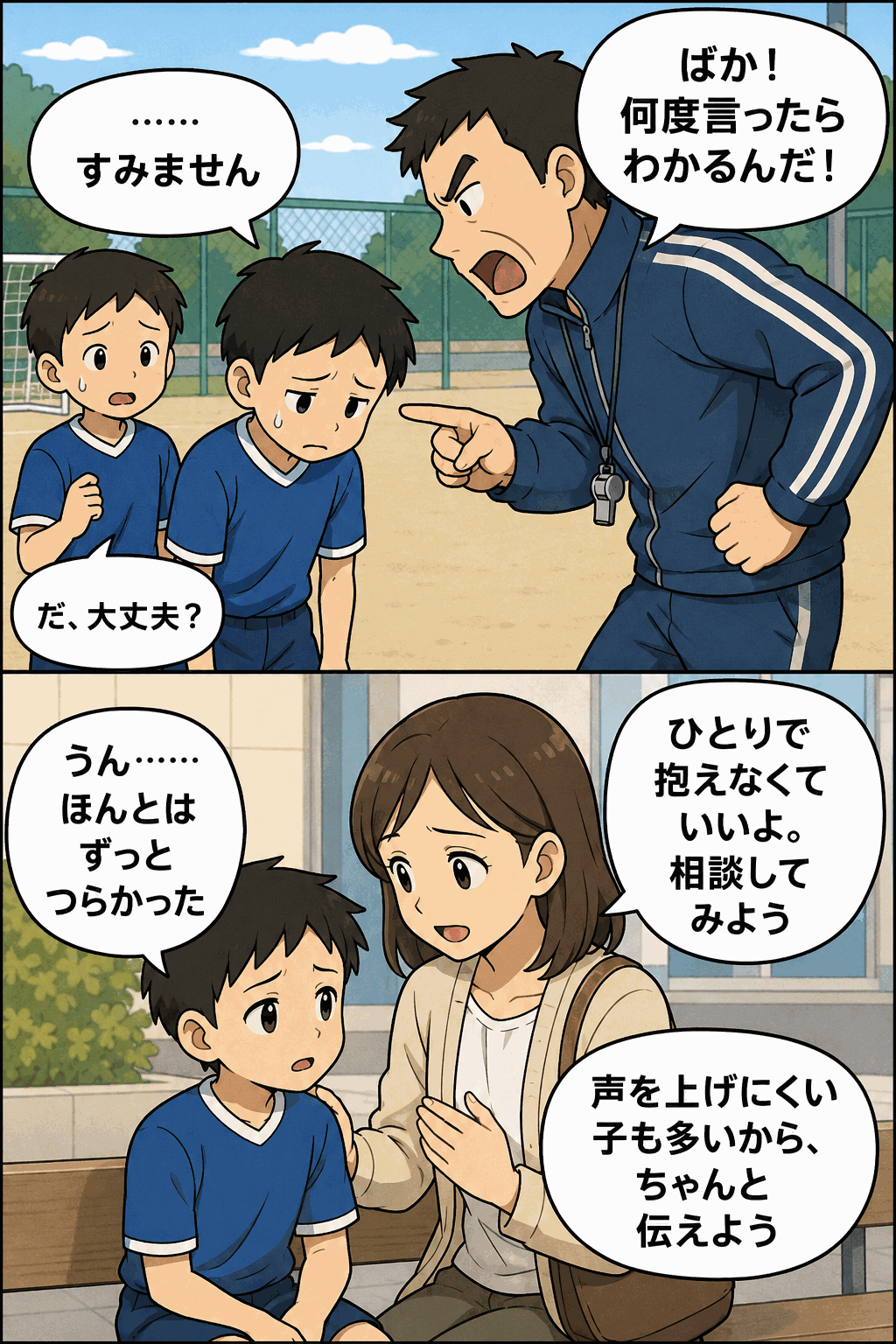 少年スポーツの現場でコーチから暴言を受けた子どもが、保護者に相談して支えられる漫画風イラスト。日本スポーツ協会の2024年度ハラスメント相談536件・過去最多を伝える画像。
