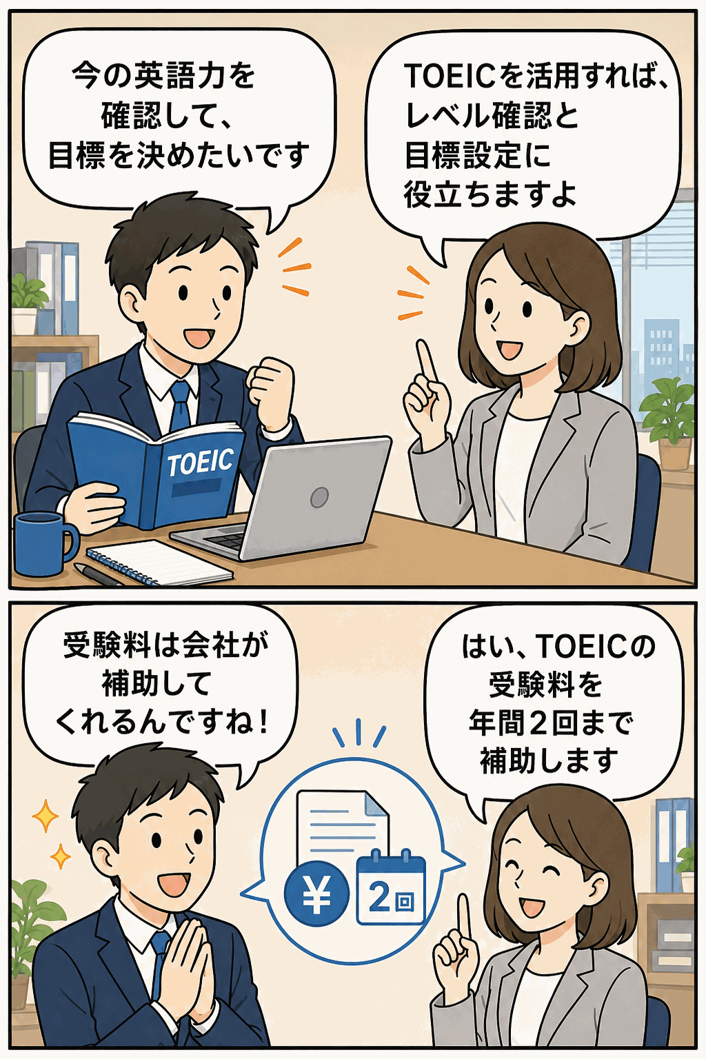 DX推進事業会社のTOEIC補助金制度で、社員の英語レベル確認と目標設定を支援するイメージ