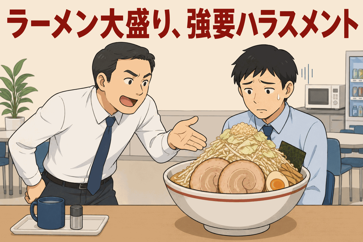 ラーメン店で新人に大盛りラーメンを強要する先輩社員と困惑する新人のイラスト