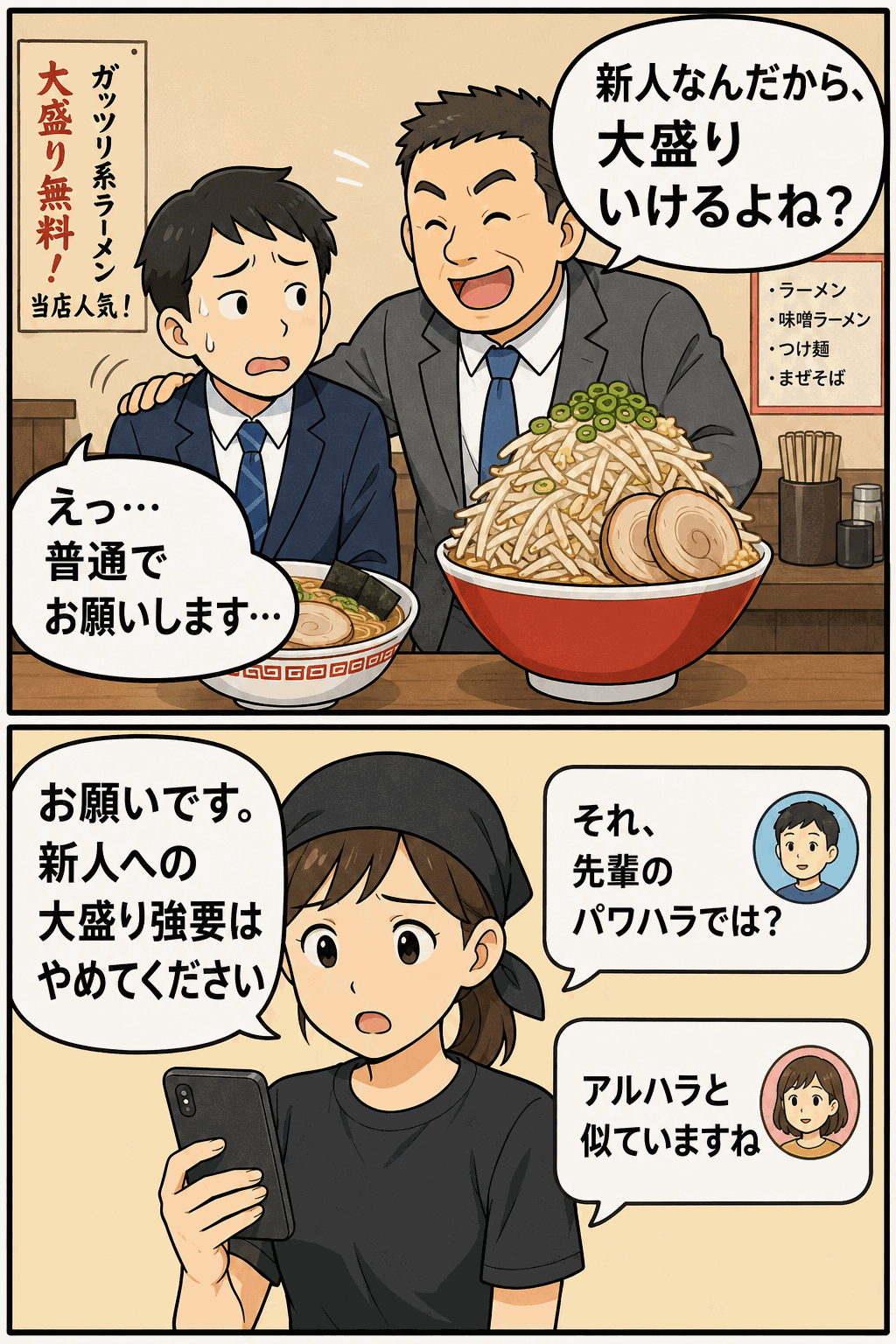 新人に大盛りラーメンを勧める先輩と、SNSで大盛り強要への注意喚起をする店員の漫画イラスト