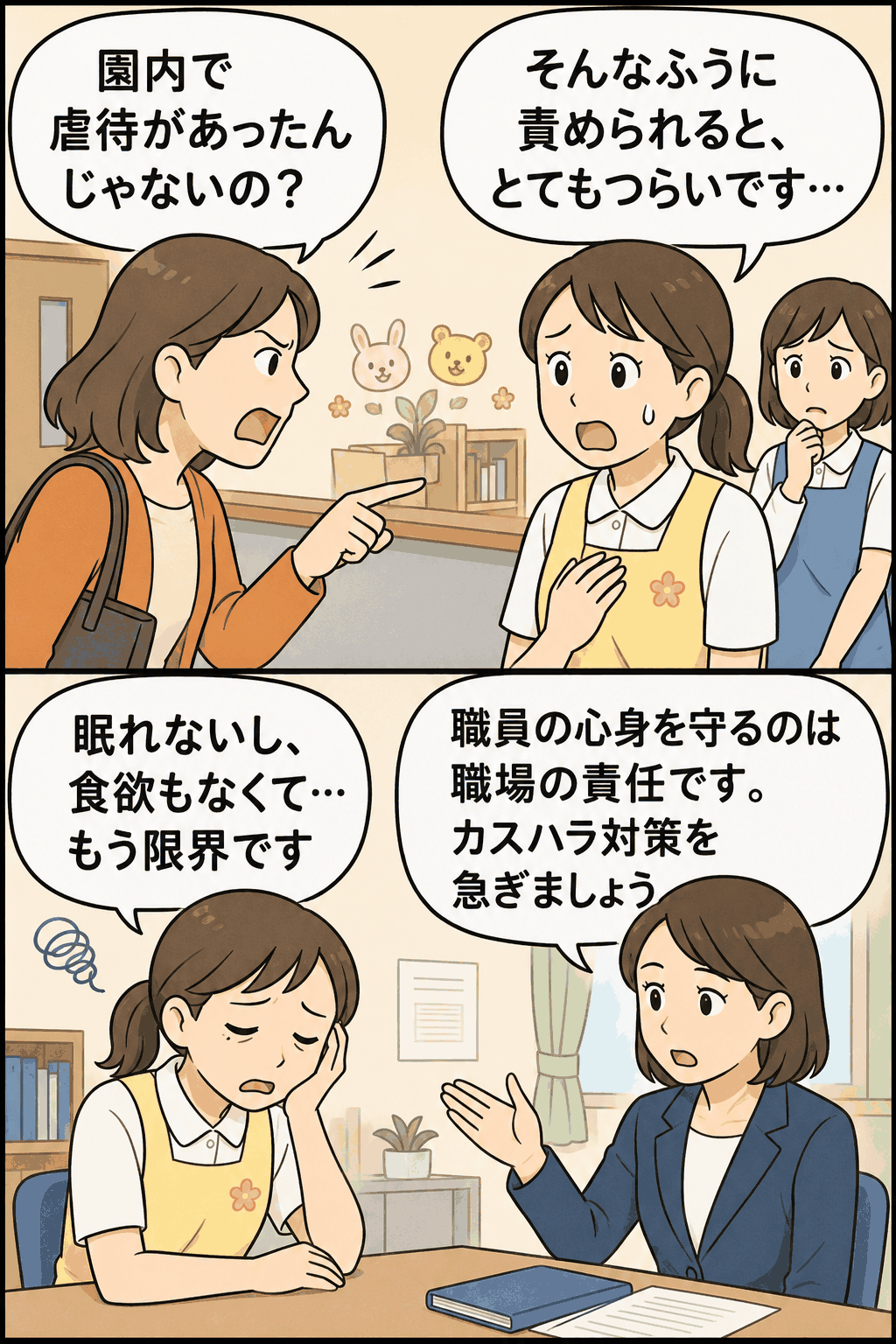 保育園で保護者からカスハラを受けた職員が心身の不調を訴え、安全配慮義務に基づく職場の対応が必要であることを示す漫画