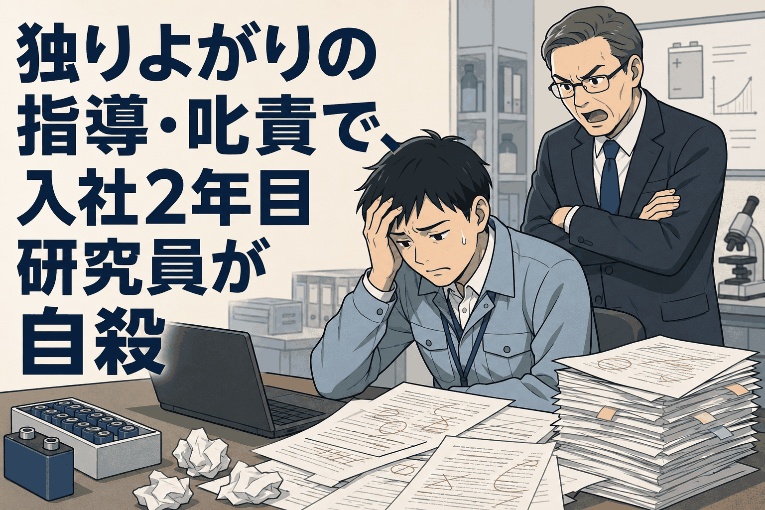 厳しい指導や叱責に悩む入社2年目の研究員と上司を描いた、職場のパワハラ・労災認定・損害賠償訴訟を象徴するアイキャッチ画像