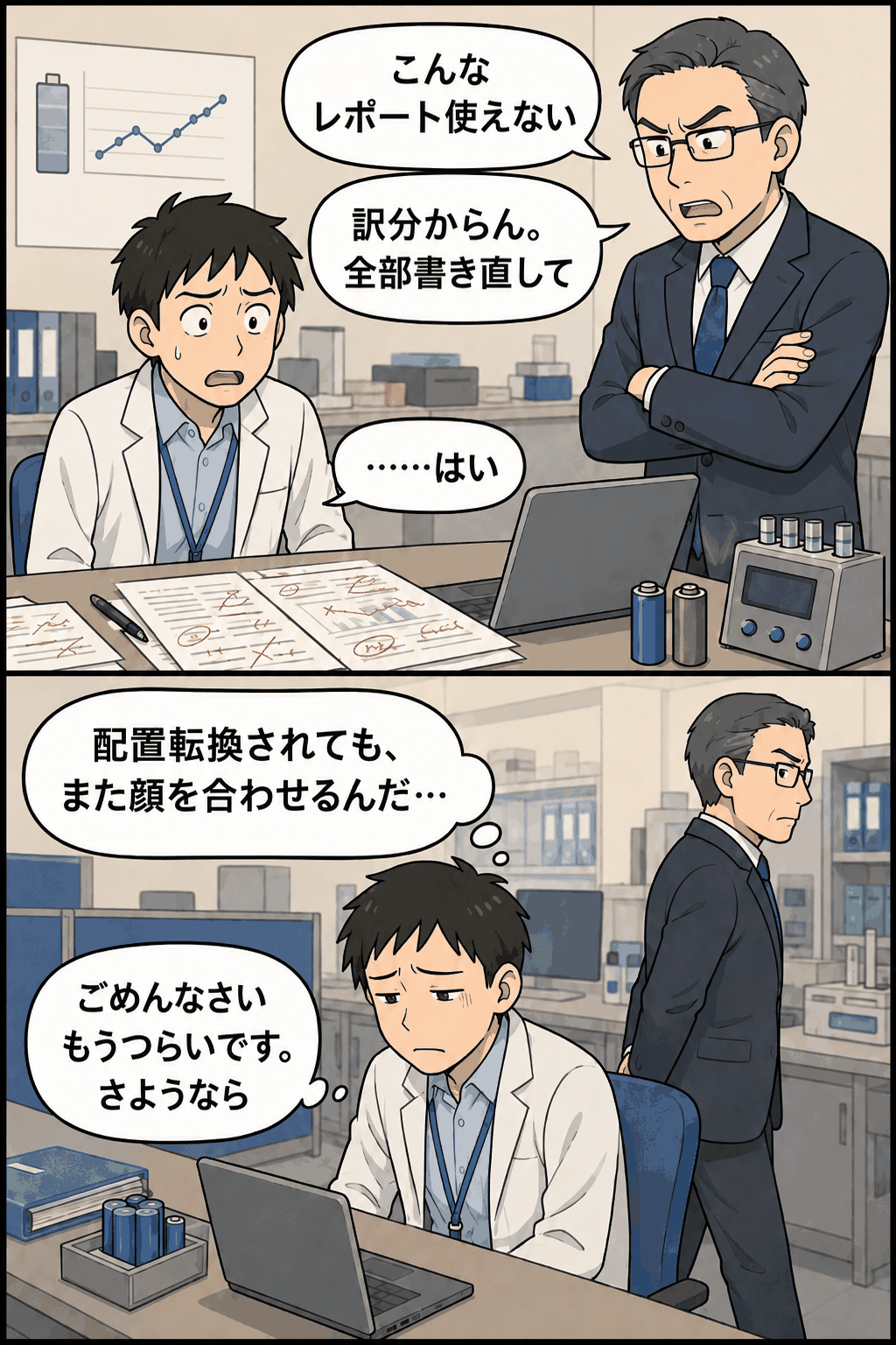 上司からレポートの書き直しを繰り返し命じられ、厳しい叱責に追い詰められる若手研究員を描いた職場トラブルの漫画画像