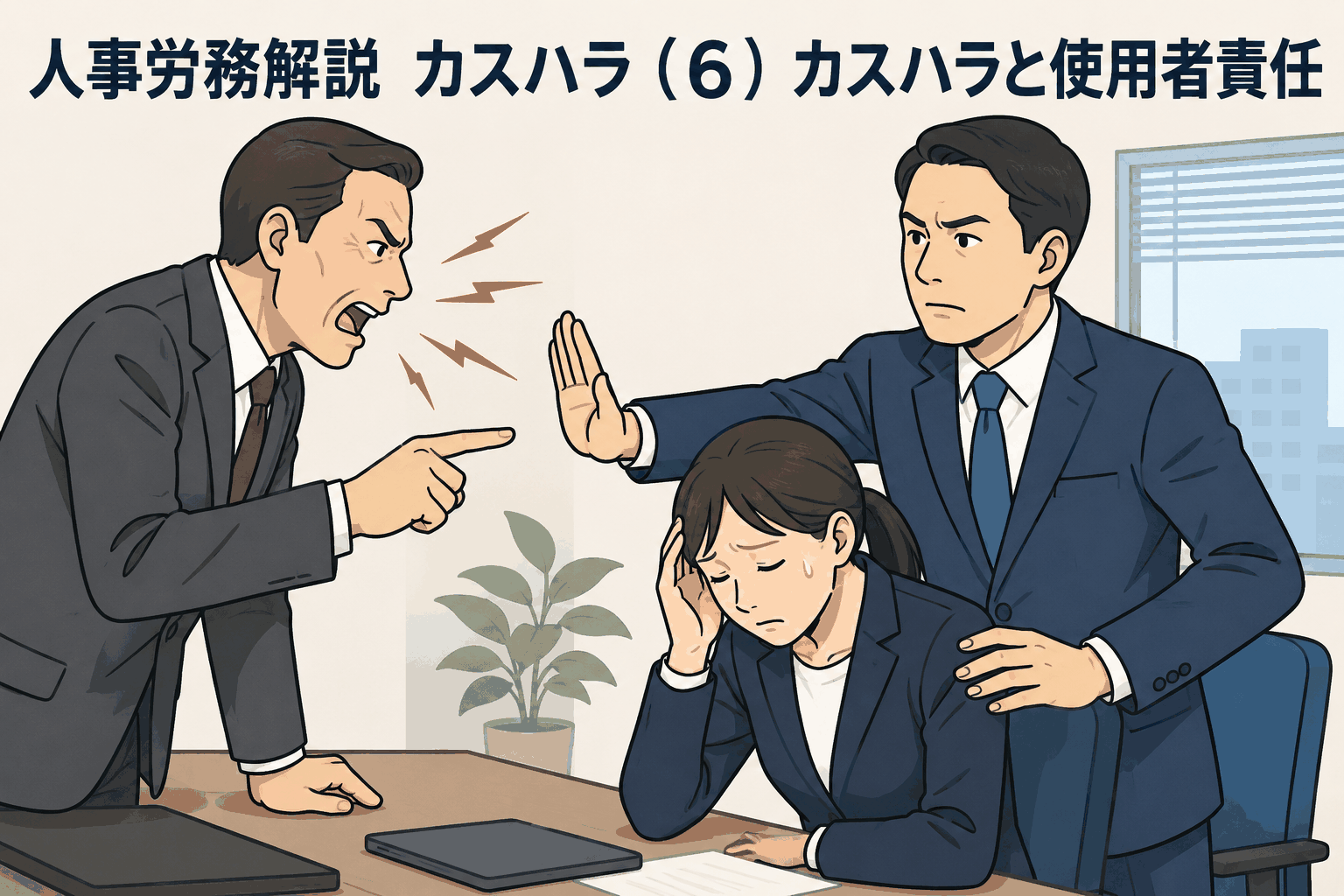 カスハラを行う顧客から社員を守る上司のイラスト。カスタマーハラスメントと使用者責任の関係を解説
