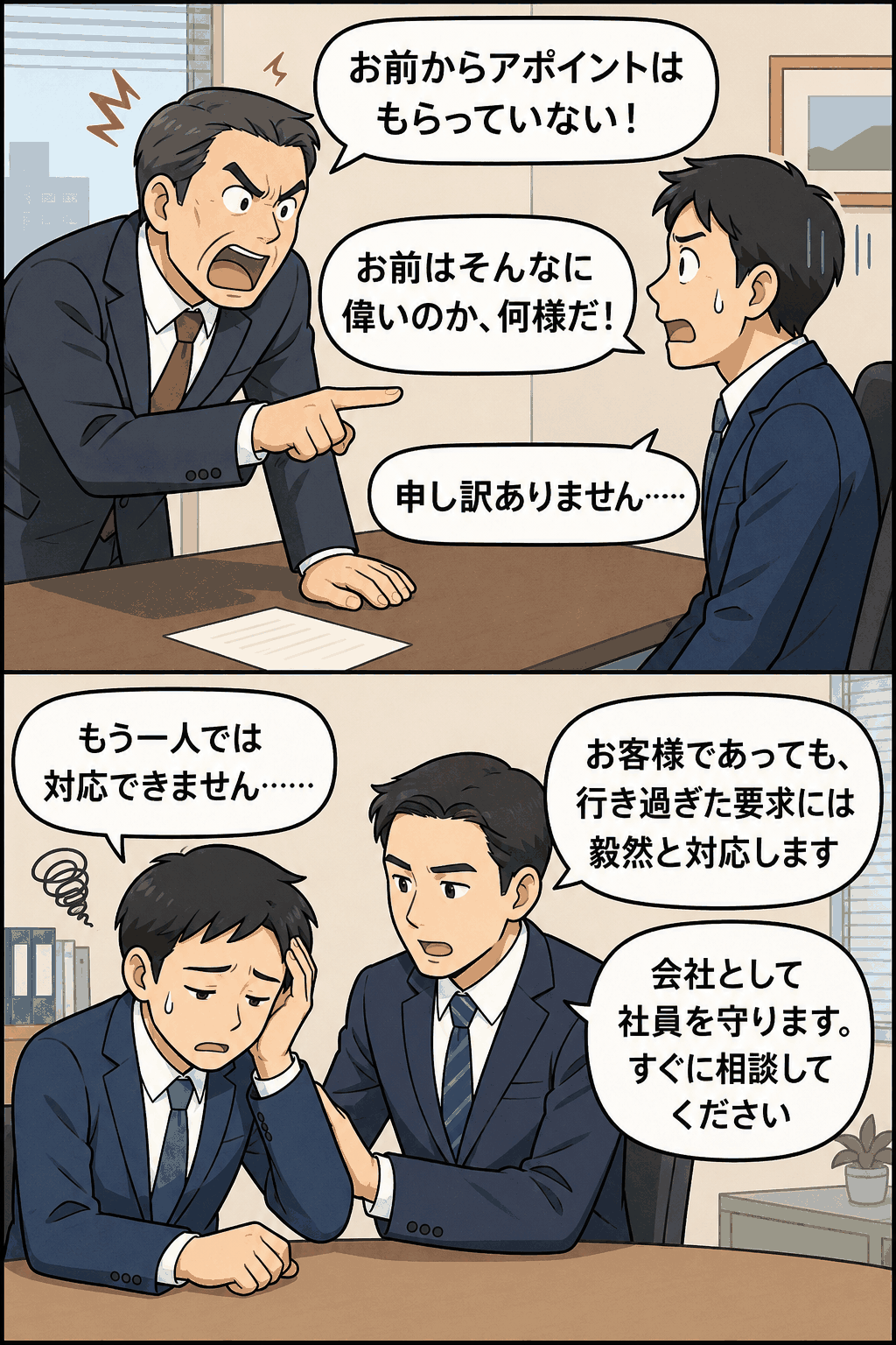 カスハラで取引先から暴言を受ける社員と、会社として毅然と対応し社員を守る上司の漫画イラスト