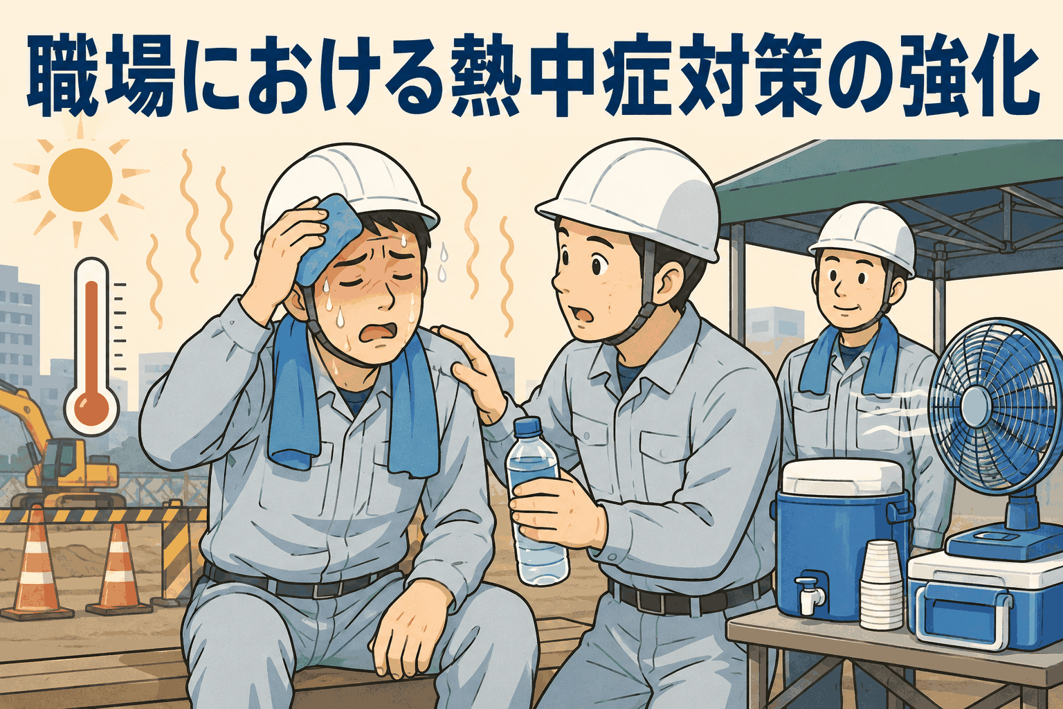 職場における熱中症対策の強化を示すイラスト。建設現場で作業員が体調不良となり、同僚が水分補給や冷却で対応している様子。