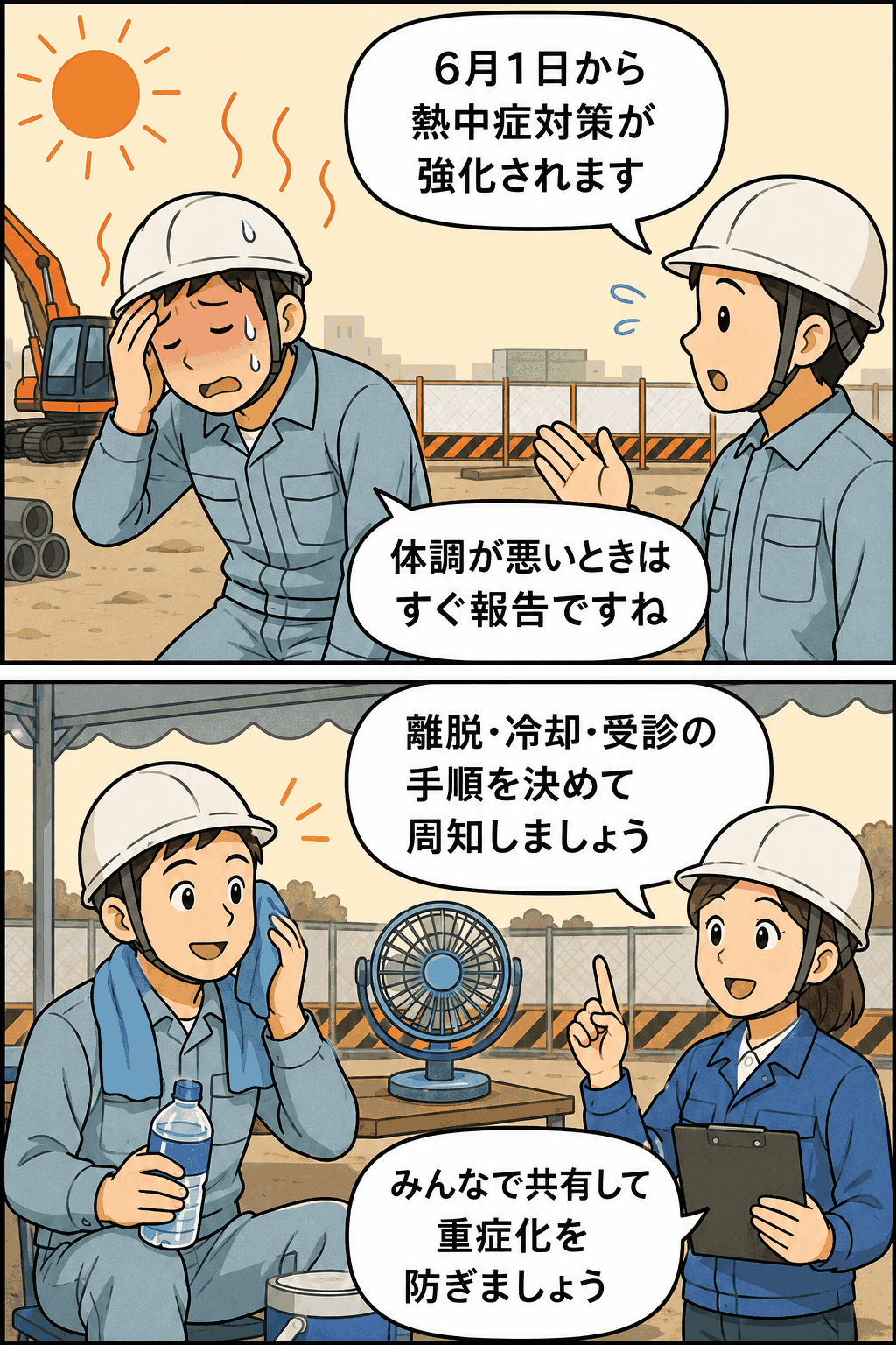 6月1日から強化される職場の熱中症対策を説明する漫画イラスト。建設現場で体調不良を報告し、離脱・冷却・受診の手順を共有して重症化を防ぐ様子。