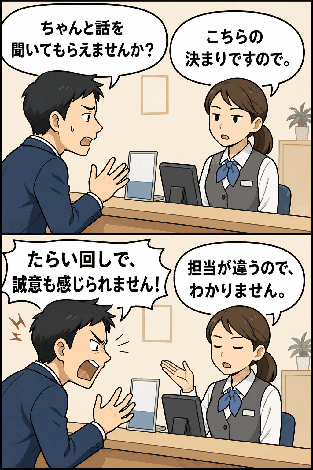 受付で顧客の話を聞かず決まりや担当違いを理由に対応する場面から、不適切な対応がカスハラにつながることを解説するイラスト