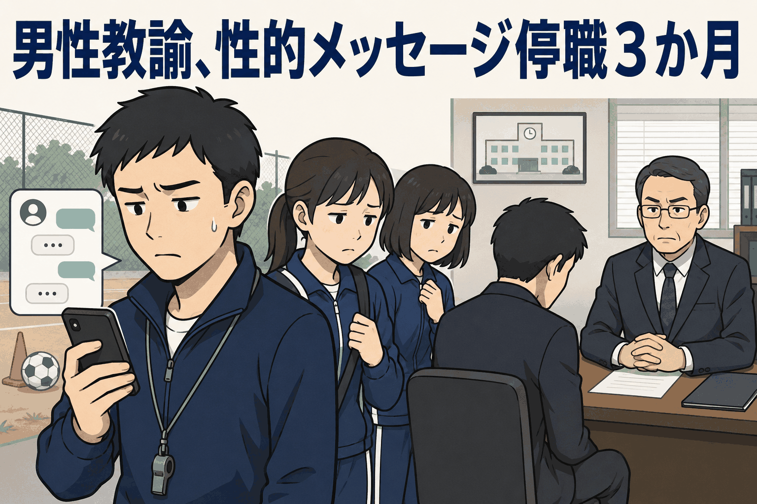 兵庫県教育委員会が男性教諭を停職3カ月の懲戒処分にしたニュースを示すイラスト。女子生徒とのSNS私的メッセージや不適切接触を背景に、学校で教諭が処分を受ける様子。