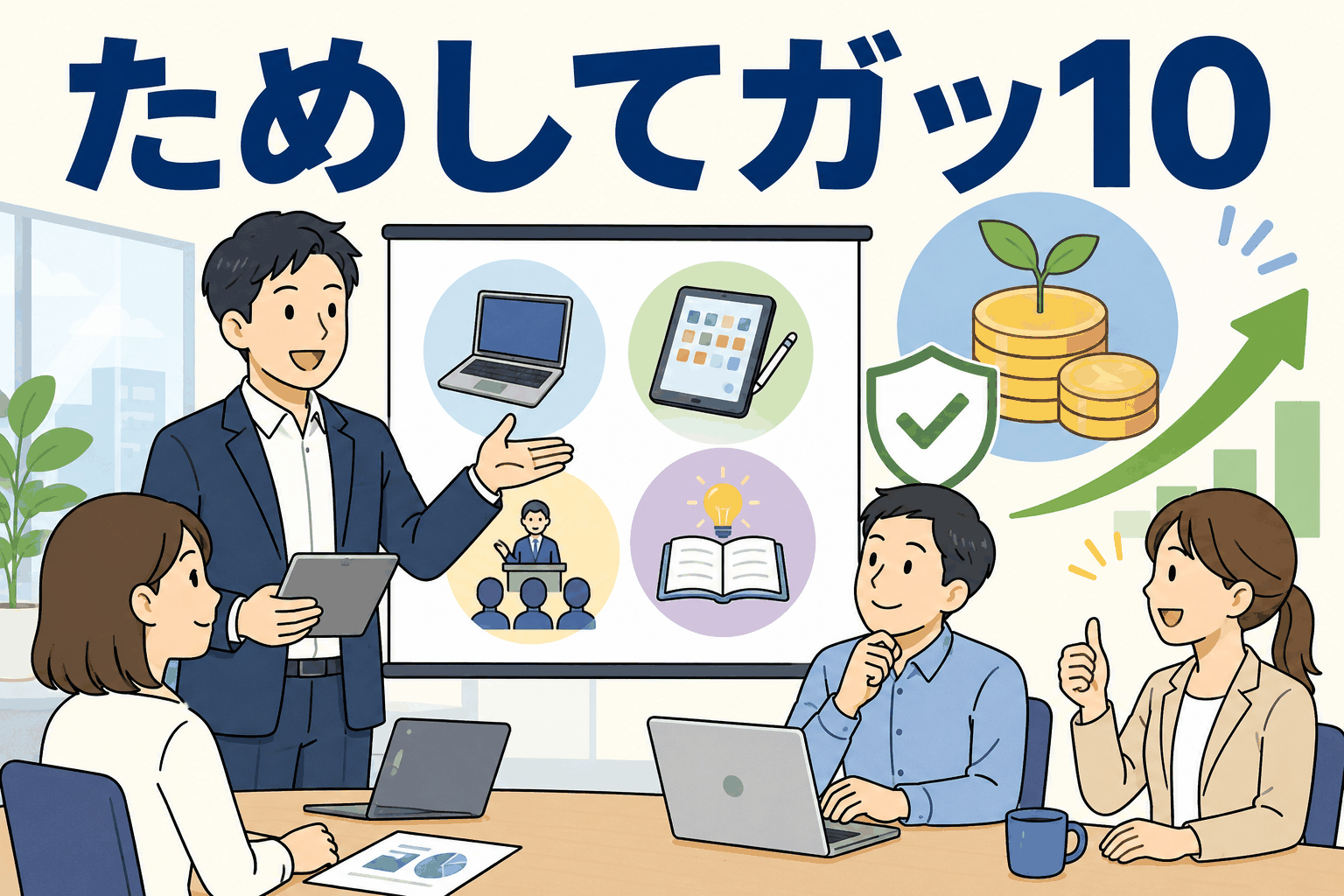 ためしてガッ10制度の導入により、社員が業務改善や自己成長に必要な備品購入や外部研修を提案し、承認後に年間10万円まで会社補助を受けられる制度のイラスト