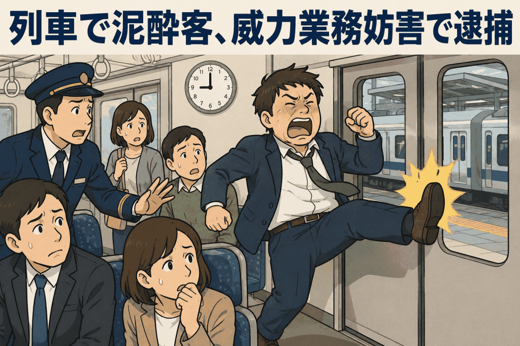 JR大隅横川駅付近の列車内で泥酔した男性が暴言を吐きドアを蹴る迷惑行為をする様子と、困惑する乗客や駅員を描いたイラスト