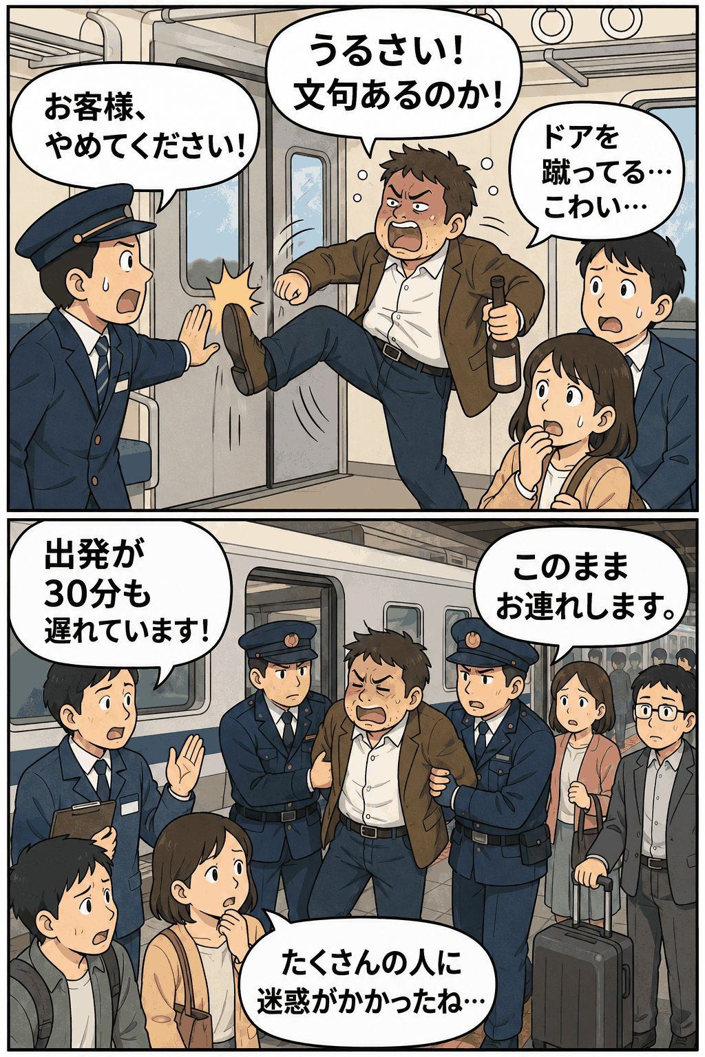 鹿児島県のJR大隅横川駅で、酒に酔った男性が列車内で暴言を吐きドアを蹴る迷惑行為を行い、駅員や乗客が困惑する様子を描いた漫画風イラスト