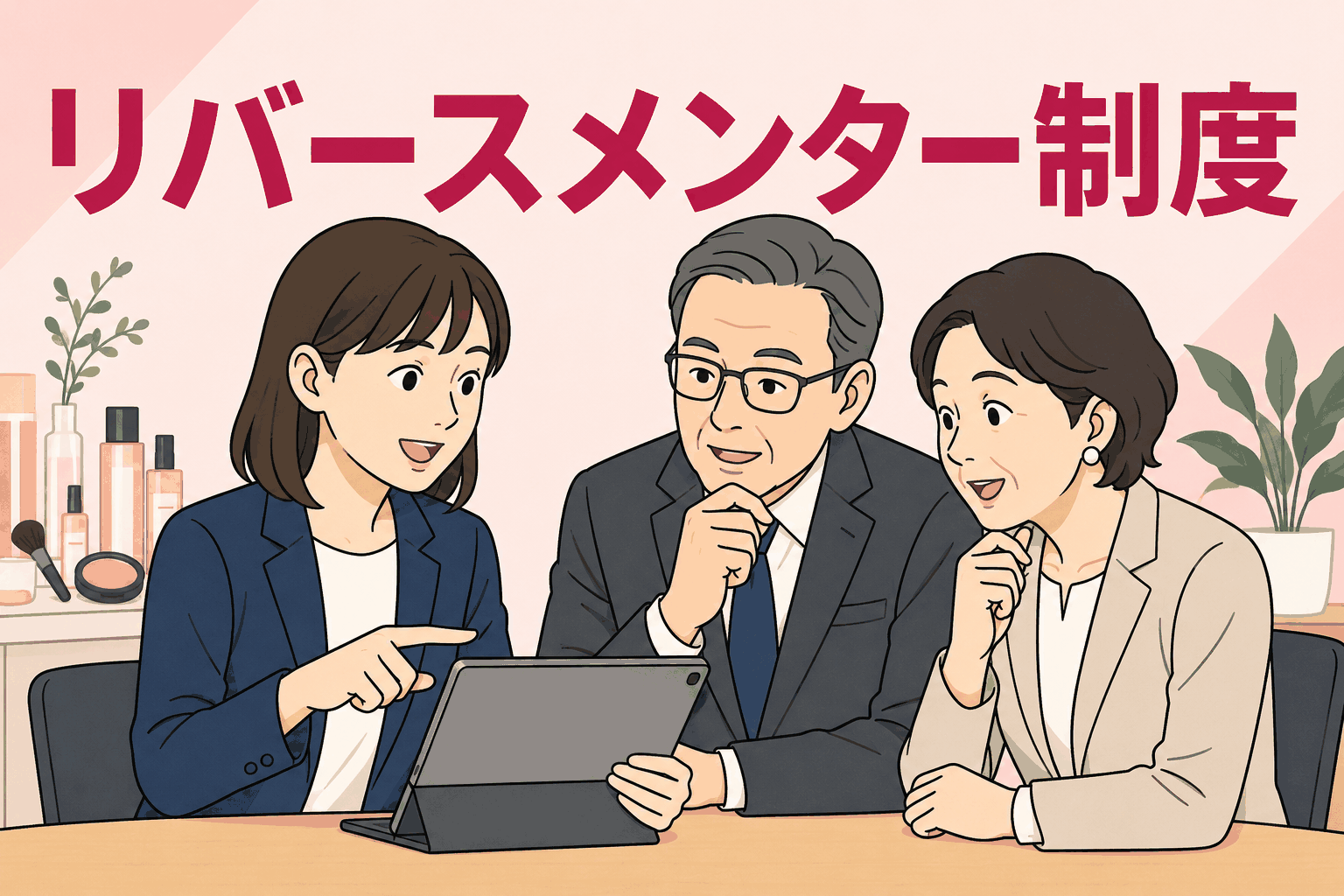 化粧品会社のリバースメンター制度で、若手社員が部長級以上の役職者にタブレットを使ってIT活用を助言しているイラスト