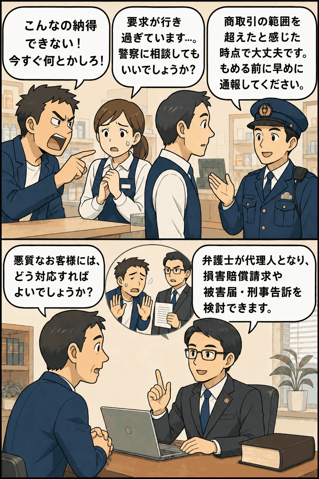 カスハラ客への対応で警察への早期通報と弁護士による損害賠償請求・被害届・刑事告訴を解説する漫画イラスト