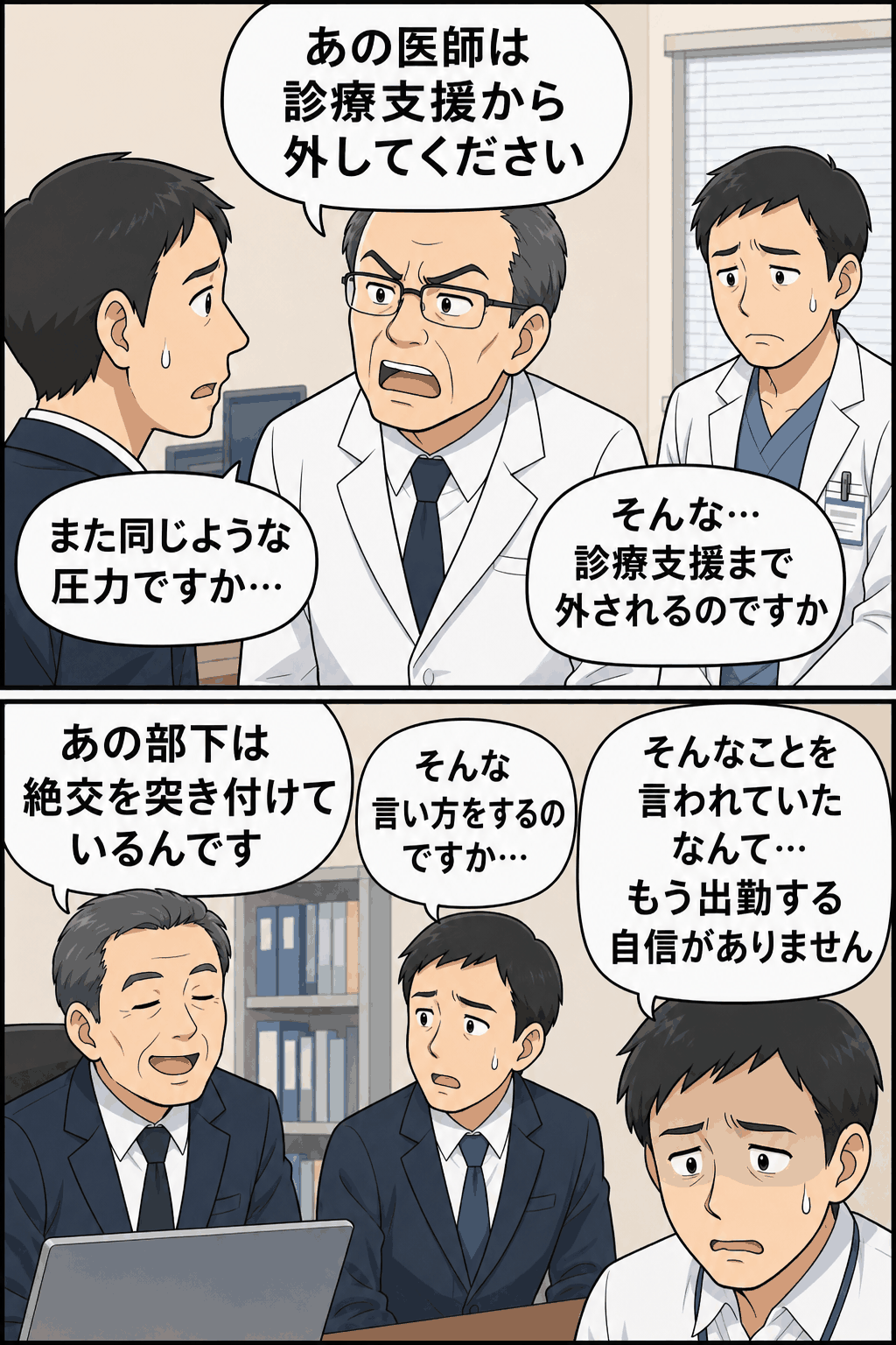 代替テキスト 大学教授が医師を診療支援から外すよう圧力をかけ、別の教授の発言で部下が出勤困難になるパワハラ事例