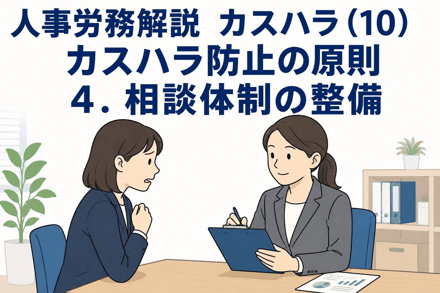 カスタマーハラスメント防止のための相談体制整備について、人事労務担当者が社員から相談を受ける様子を解説したアイキャッチ画像