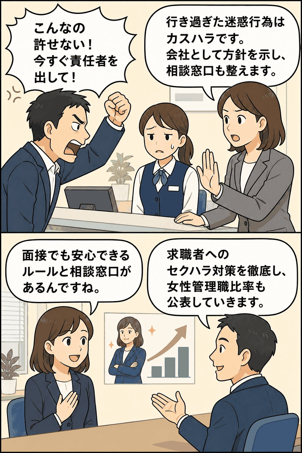改正労働施策総合推進法に基づくカスハラ対策、求職者へのセクハラ防止、女性管理職比率の公表義務を漫画形式で解説するイラスト