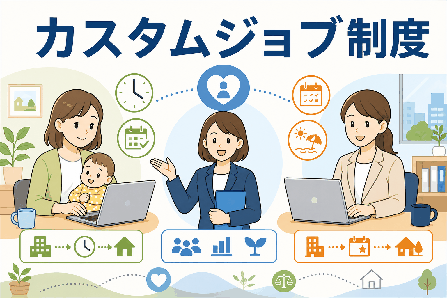 カスタムジョブ制度により、勤務時間や休日を柔軟に調整し、仕事と育児・家庭を両立する女性社員のイメージ