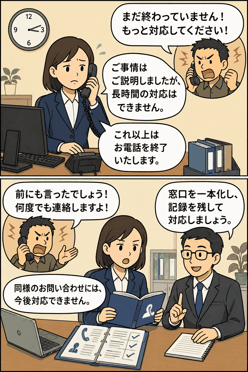 カスハラ防止の対応マニュアルとして、長時間電話や繰り返し要求への対応終了、記録、窓口一本化を示す人事労務イラスト