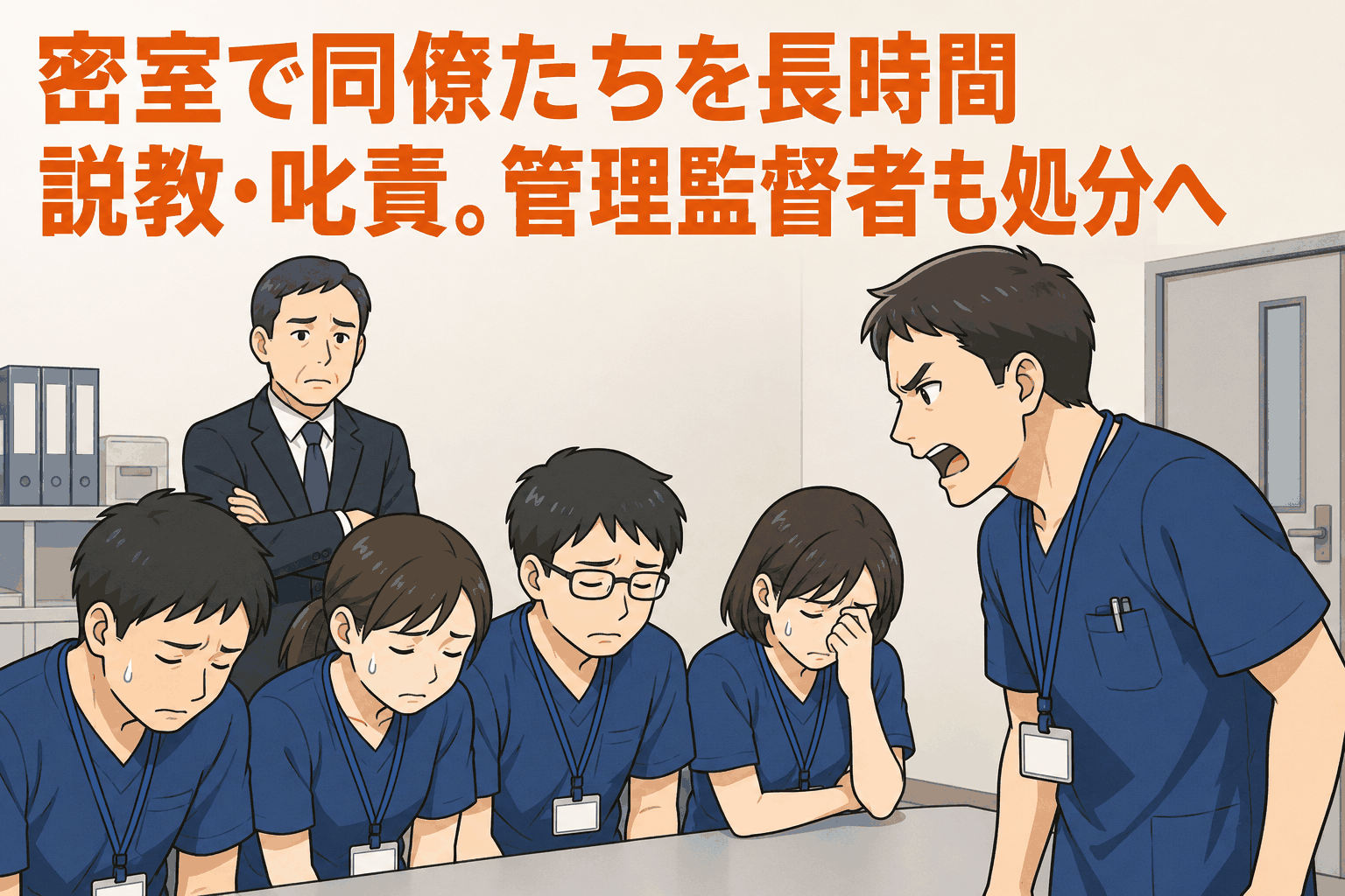 病院職場で30代男性技師が同僚4人を長時間叱責し、パワハラにより懲戒処分となった事案を描いたイラスト
