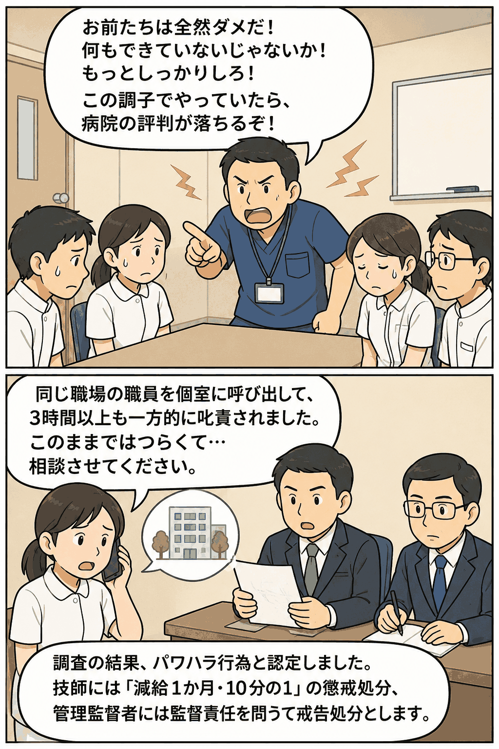 病院職場で男性技師が職員4人を個室で長時間叱責し、パワハラ認定により減給処分となった事案を説明する漫画
