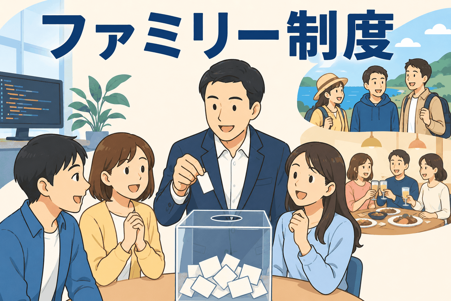 IT事業会社の社内交流施策「ファミリー制度」を表すイラスト。社員がくじ引きでグループを決め、飲み会や旅行などのイベントを通じて交流を深める様子。