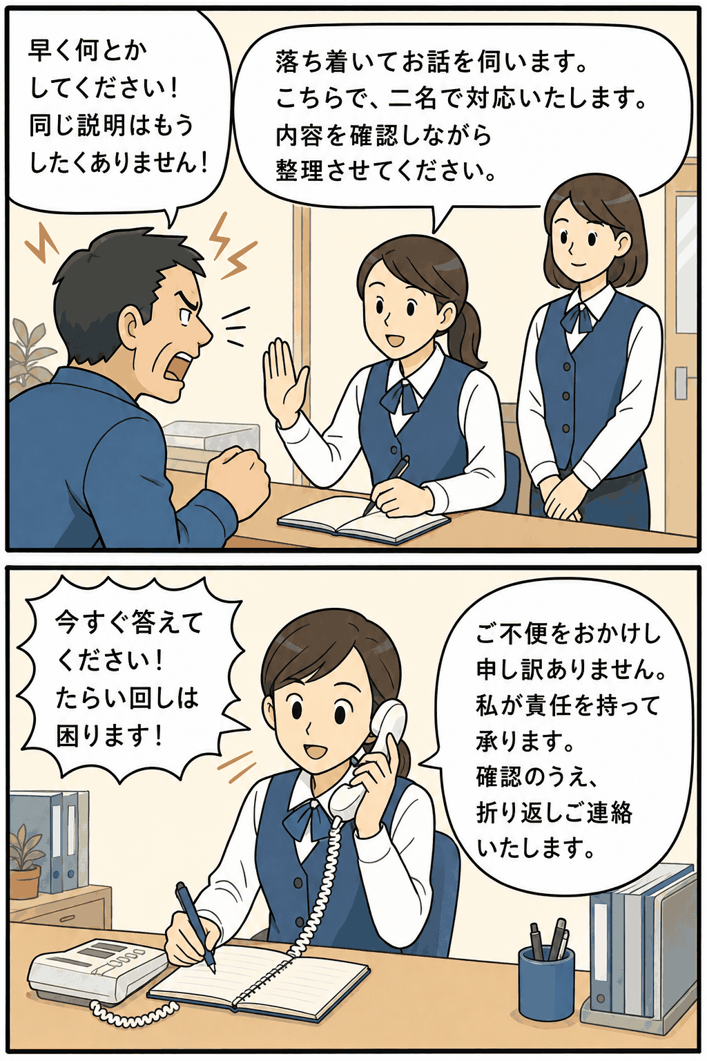 カスハラ対応マニュアルに基づき、職員が2名体制で窓口対応し、電話では内容を確認して折り返し連絡している場面